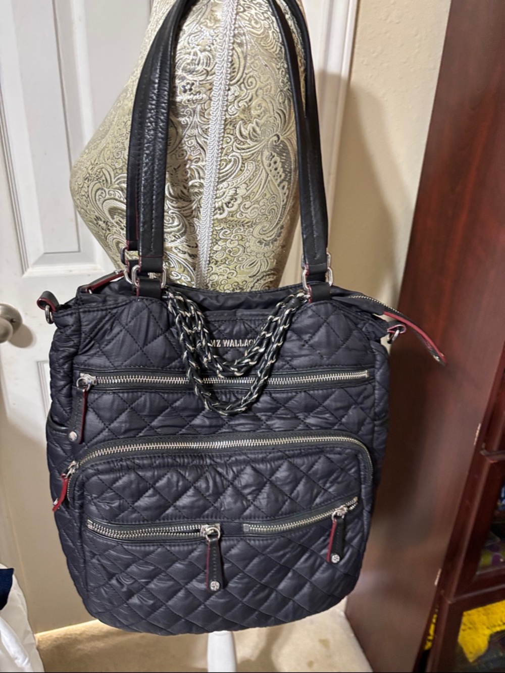 MZ Wallace Crosby Magazine Black Quilted Shoulder with Tan Leather Trim. EUC